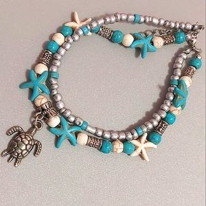 Beach Turtle Anklet Bracelet Starfish SilverTone Metal Beads blue ivory NEW NIP